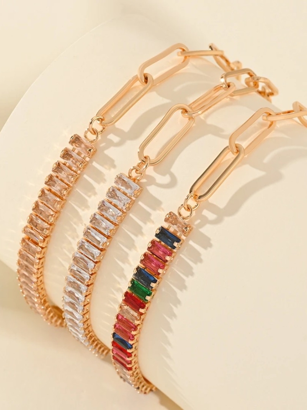 Gold-Tone Chain Bracelet with Multicolor Baguette Crystals
